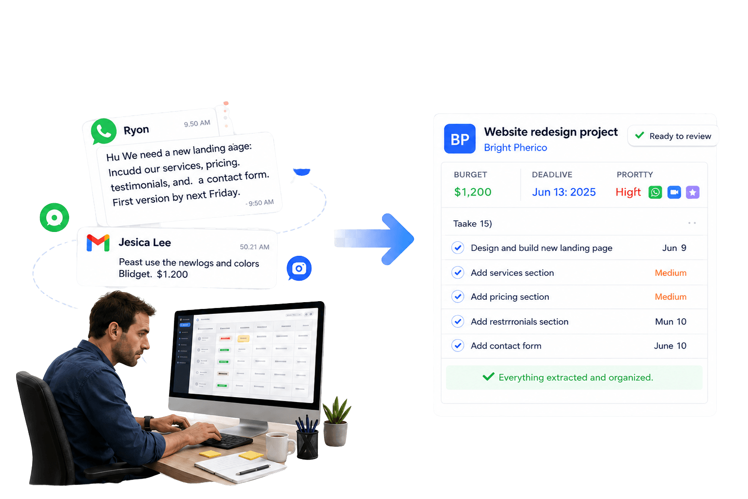 Scattered client requests organized into a structured Text2Task project draft